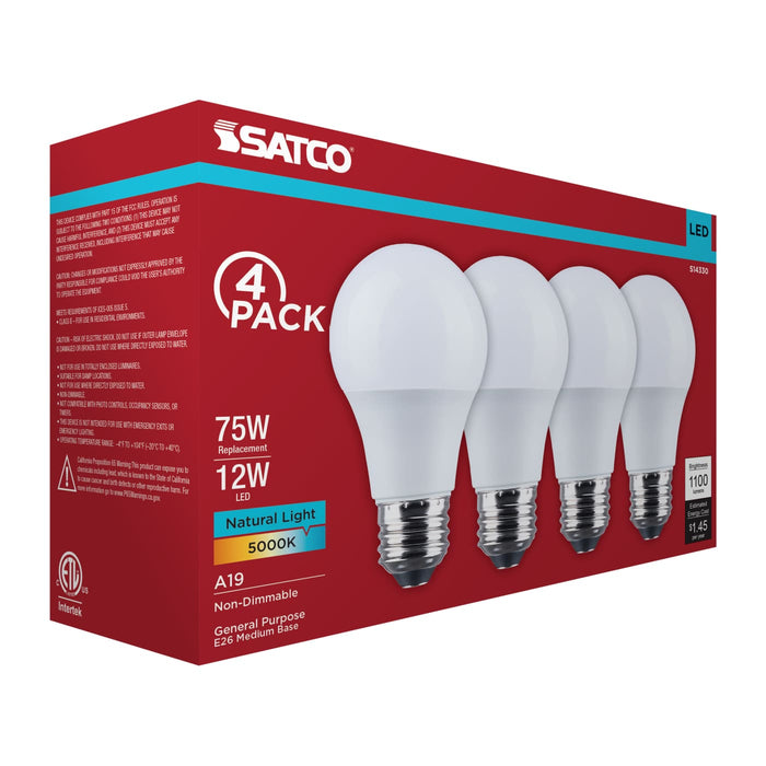 SATCO/NUVO 12W LED A19 Medium E26 Base 5000K 1100Lm Plastic 80 CRI 120V 4-Pack (S14330)