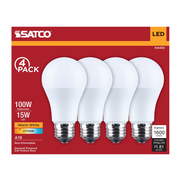 SATCO/NUVO 15W LED A19 Medium E26 Base 2700K 1600Lm Plastic 80 CRI 120V 4-Pack (S14333)