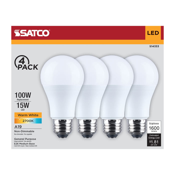 SATCO/NUVO 15W LED A19 Medium E26 Base 2700K 1600Lm Plastic 80 CRI 120V 4-Pack (S14333)