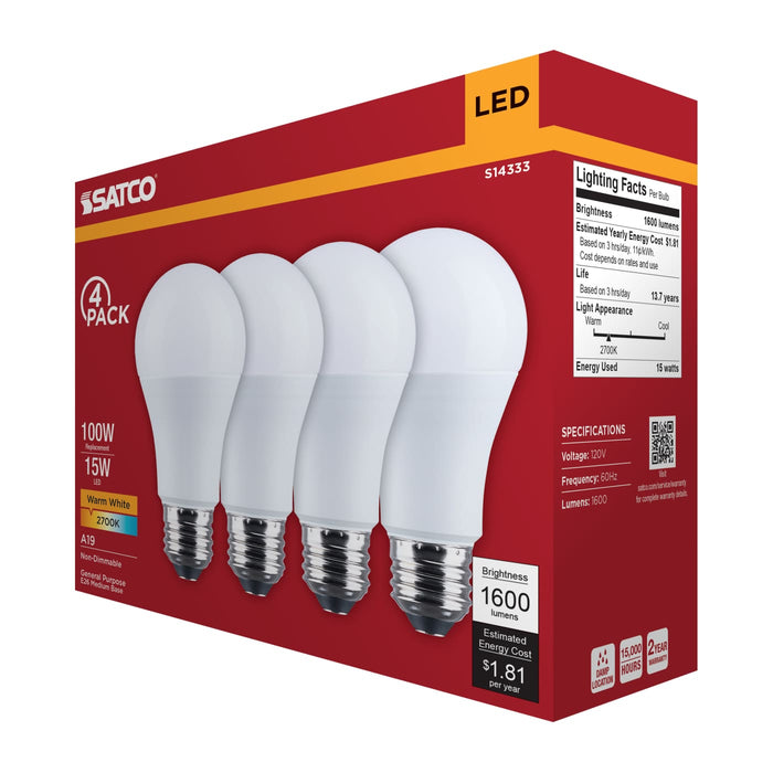 SATCO/NUVO 15W LED A19 Medium E26 Base 2700K 1600Lm Plastic 80 CRI 120V 4-Pack (S14333)