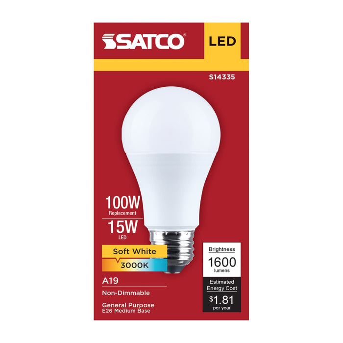 SATCO/NUVO 15W LED A19 Medium E26 Base 3000K 1600Lm Plastic 80 CRI 120V 1-Pack (S14335)