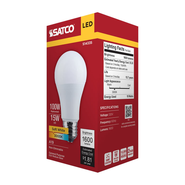 SATCO/NUVO 15W LED A19 Medium E26 Base 3000K 1600Lm Plastic 80 CRI 120V 1-Pack (S14335)