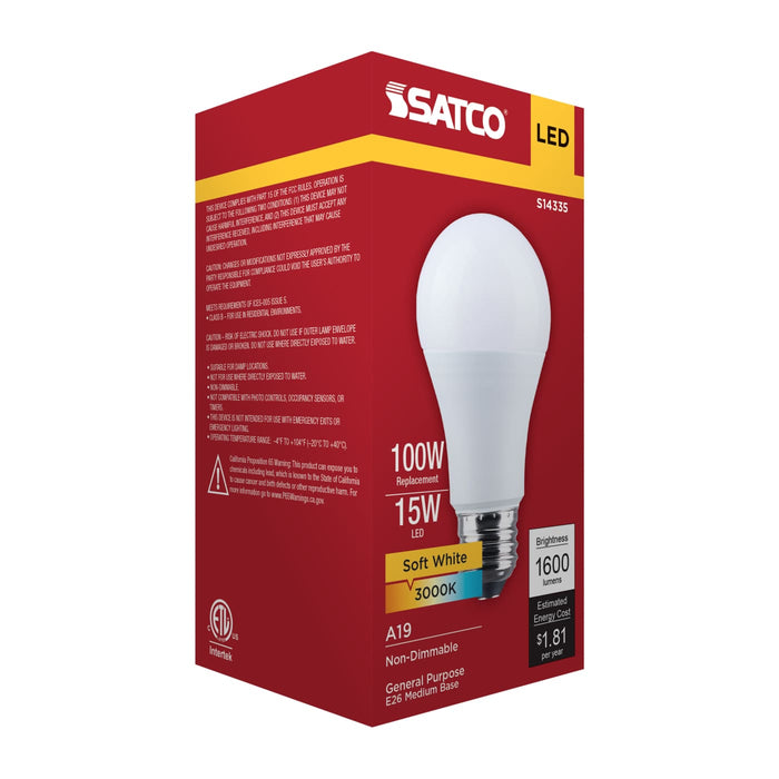 SATCO/NUVO 15W LED A19 Medium E26 Base 3000K 1600Lm Plastic 80 CRI 120V 1-Pack (S14335)