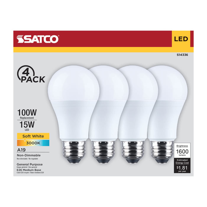 SATCO/NUVO 15W LED A19 Medium E26 Base 3000K 1600Lm Plastic 80 CRI 120V 4-Pack (S14336)