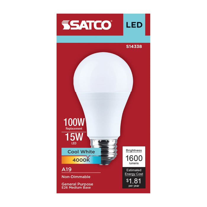 SATCO/NUVO 15W LED A19 Medium E26 Base 4000K 1600Lm Plastic 80 CRI 120V 1-Pack (S14338)