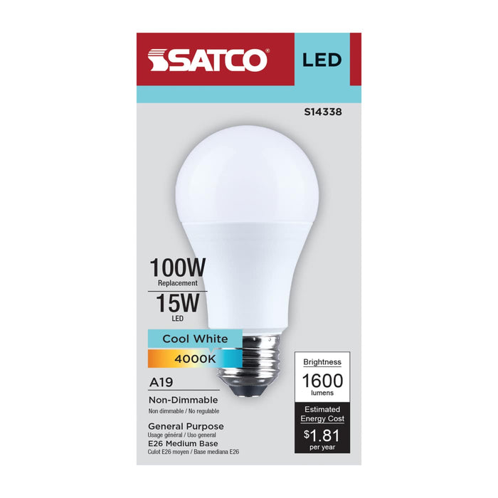 SATCO/NUVO 15W LED A19 Medium E26 Base 4000K 1600Lm Plastic 80 CRI 120V 1-Pack (S14338)