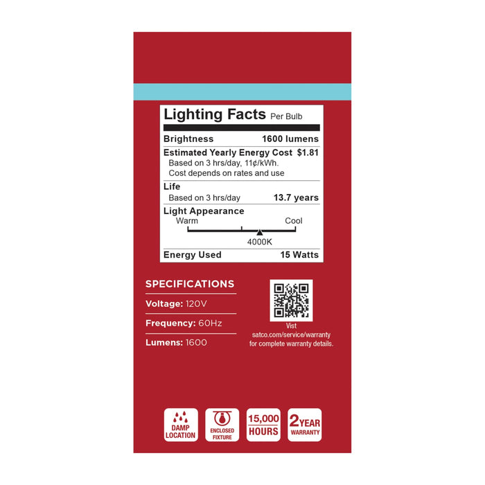 SATCO/NUVO 15W LED A19 Medium E26 Base 4000K 1600Lm Plastic 80 CRI 120V 1-Pack (S14338)
