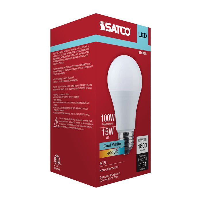 SATCO/NUVO 15W LED A19 Medium E26 Base 4000K 1600Lm Plastic 80 CRI 120V 1-Pack (S14338)