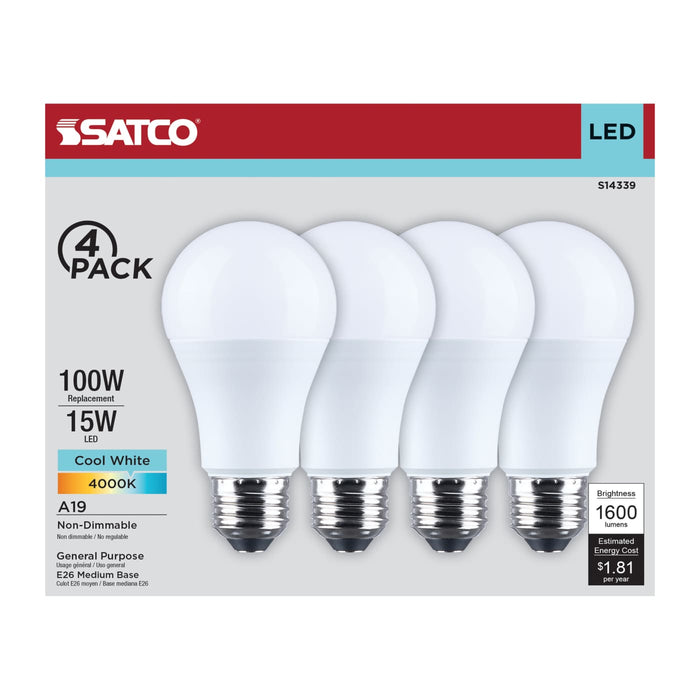 SATCO/NUVO 15W LED A19 Medium E26 Base 4000K 1600Lm Plastic 80 CRI 120V 4-Pack (S14339)