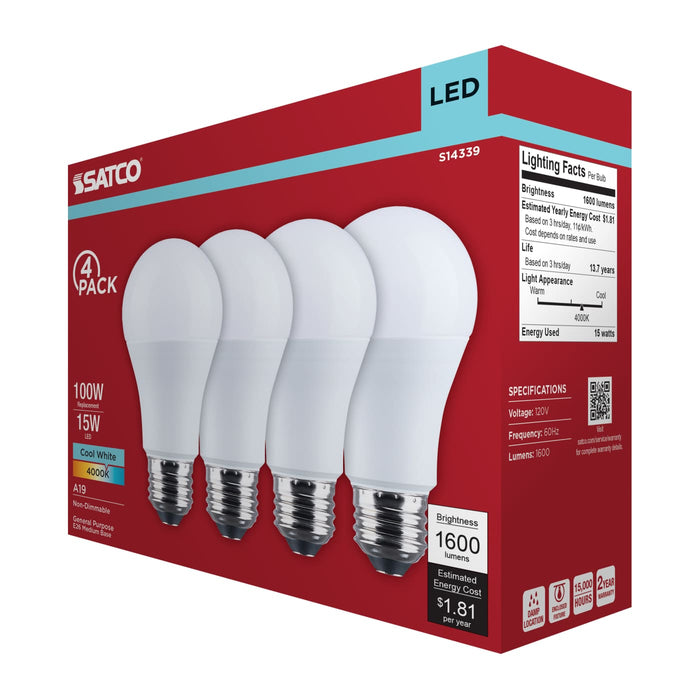 SATCO/NUVO 15W LED A19 Medium E26 Base 4000K 1600Lm Plastic 80 CRI 120V 4-Pack (S14339)