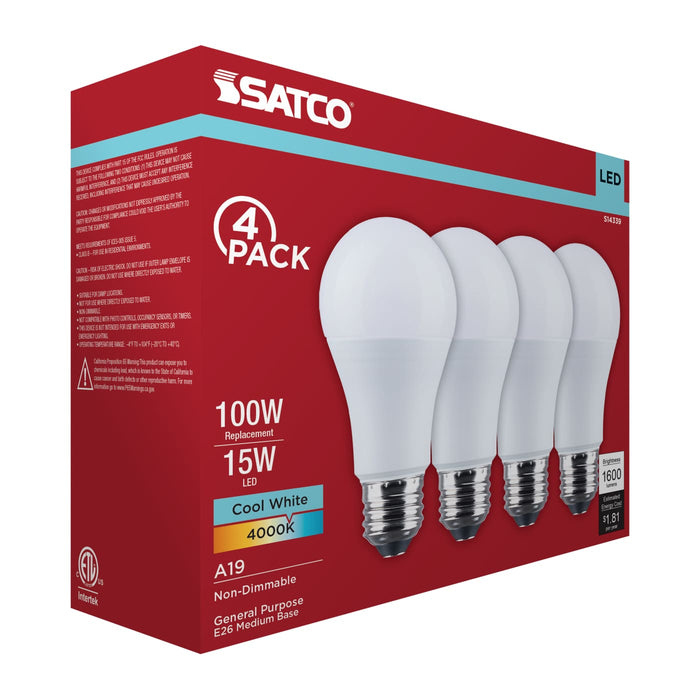 SATCO/NUVO 15W LED A19 Medium E26 Base 4000K 1600Lm Plastic 80 CRI 120V 4-Pack (S14339)