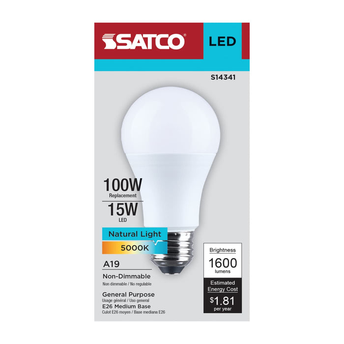 SATCO/NUVO 15W LED A19 Medium E26 Base 5000K 1600Lm Plastic 80 CRI 120V 1-Pack (S14341)