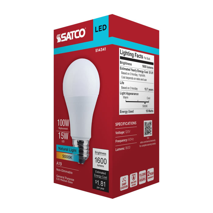 SATCO/NUVO 15W LED A19 Medium E26 Base 5000K 1600Lm Plastic 80 CRI 120V 1-Pack (S14341)