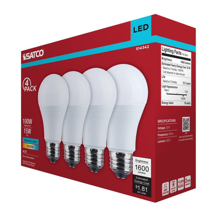 SATCO/NUVO 15W LED A19 Medium E26 Base 5000K 1600Lm Plastic 80 CRI 120V 4-Pack (S14342)