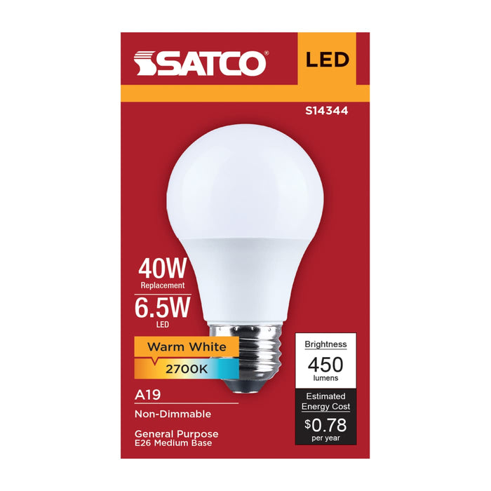 SATCO/NUVO 6.5W LED A19 Medium E26 Base 2700K 450Lm Plastic 90 CRI 120V 1-Pack (S14344)