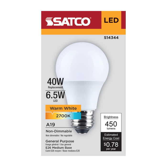 SATCO/NUVO 6.5W LED A19 Medium E26 Base 2700K 450Lm Plastic 90 CRI 120V 1-Pack (S14344)