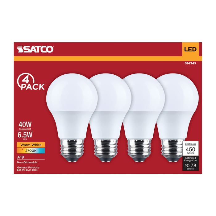 SATCO/NUVO 6.5W LED A19 Medium E26 Base 2700K 450Lm Plastic 90 CRI 120V 4-Pack (S14345)