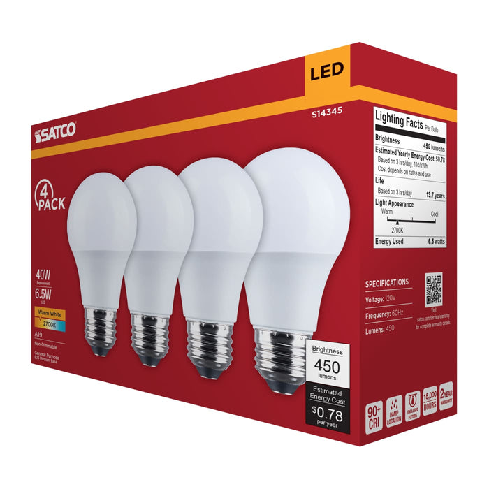 SATCO/NUVO 6.5W LED A19 Medium E26 Base 2700K 450Lm Plastic 90 CRI 120V 4-Pack (S14345)