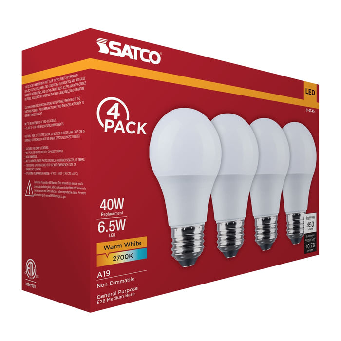 SATCO/NUVO 6.5W LED A19 Medium E26 Base 2700K 450Lm Plastic 90 CRI 120V 4-Pack (S14345)