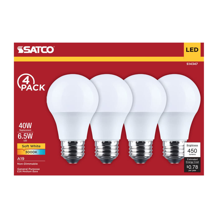 SATCO/NUVO 6.5W LED A19 Medium E26 Base 3000K 450Lm Plastic 90 CRI 120V 4-Pack (S14347)