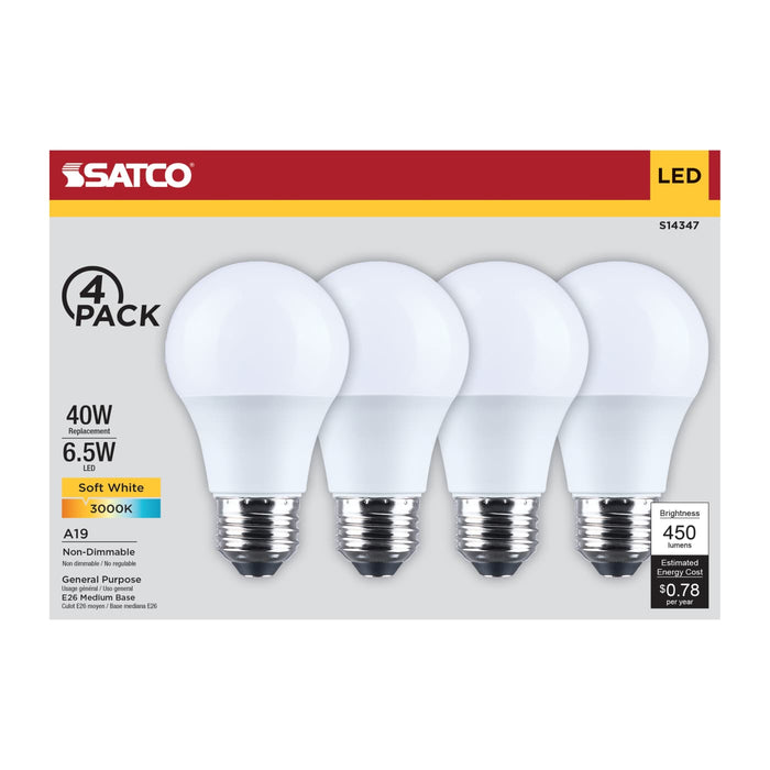 SATCO/NUVO 6.5W LED A19 Medium E26 Base 3000K 450Lm Plastic 90 CRI 120V 4-Pack (S14347)