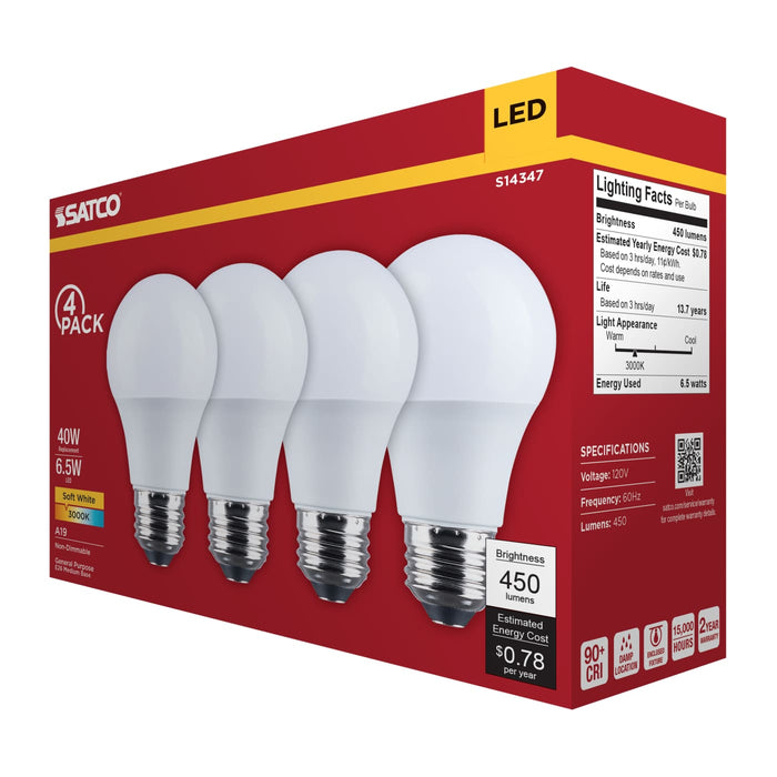 SATCO/NUVO 6.5W LED A19 Medium E26 Base 3000K 450Lm Plastic 90 CRI 120V 4-Pack (S14347)