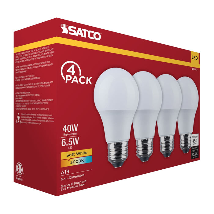 SATCO/NUVO 6.5W LED A19 Medium E26 Base 3000K 450Lm Plastic 90 CRI 120V 4-Pack (S14347)
