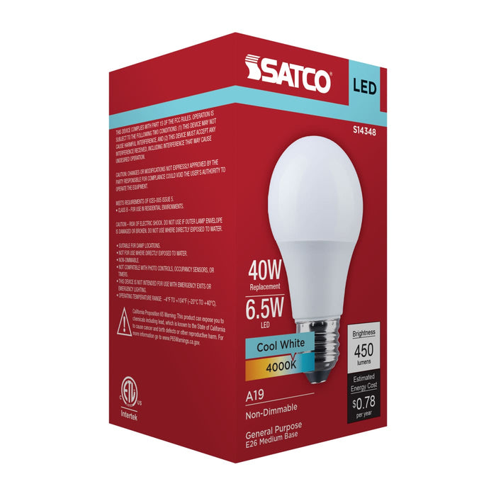 SATCO/NUVO 6.5W LED A19 Medium E26 Base 4000K 450Lm Plastic 90 CRI 120V 1-Pack (S14348)