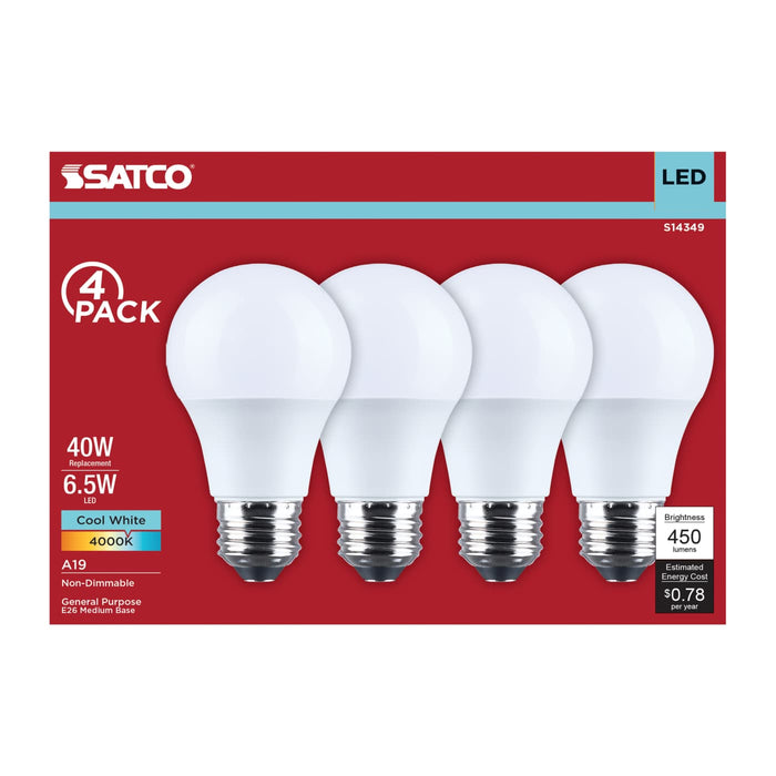 SATCO/NUVO 6.5W LED A19 Medium E26 Base 4000K 450Lm Plastic 90 CRI 120V 4-Pack (S14349)