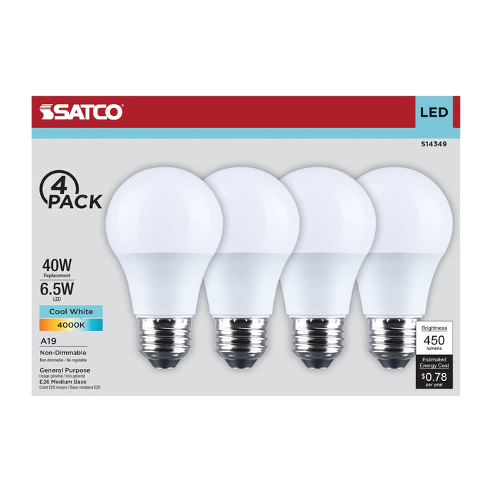 SATCO/NUVO 6.5W LED A19 Medium E26 Base 4000K 450Lm Plastic 90 CRI 120V 4-Pack (S14349)