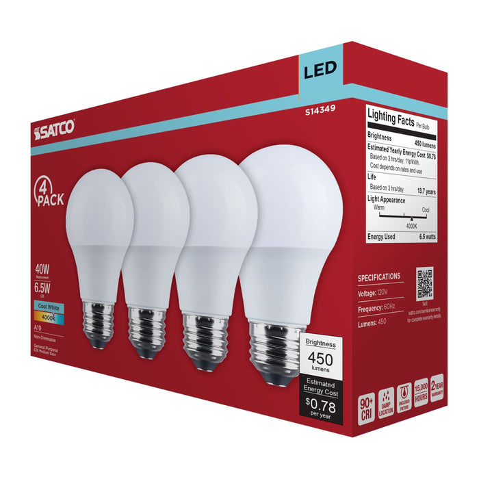 SATCO/NUVO 6.5W LED A19 Medium E26 Base 4000K 450Lm Plastic 90 CRI 120V 4-Pack (S14349)