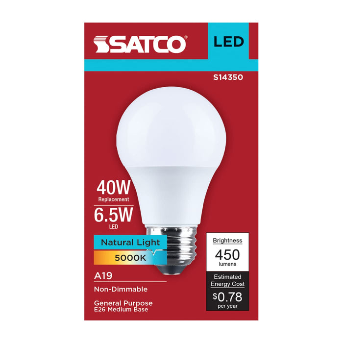 SATCO/NUVO 6.5W LED A19 Medium E26 Base 5000K 450Lm Plastic 90 CRI 120V 1-Pack (S14350)