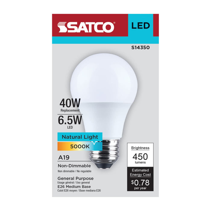 SATCO/NUVO 6.5W LED A19 Medium E26 Base 5000K 450Lm Plastic 90 CRI 120V 1-Pack (S14350)