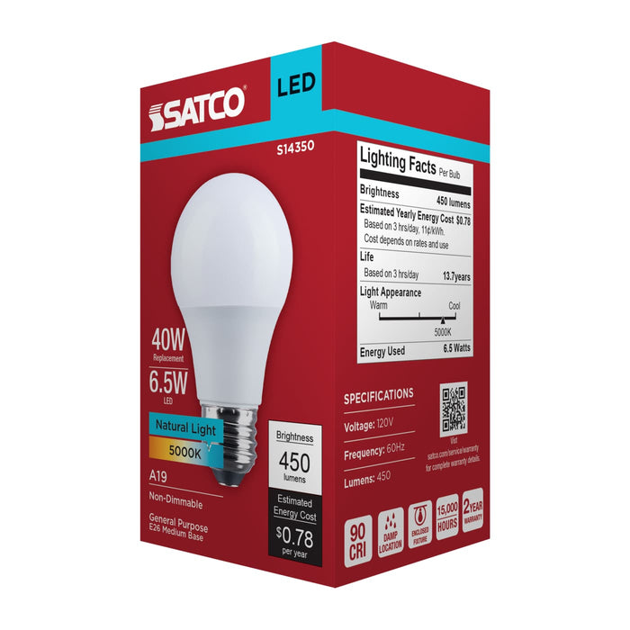 SATCO/NUVO 6.5W LED A19 Medium E26 Base 5000K 450Lm Plastic 90 CRI 120V 1-Pack (S14350)