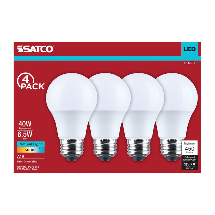 SATCO/NUVO 6.5W LED A19 Medium E26 Base 5000K 450Lm Plastic 90 CRI 120V 4-Pack (S14351)