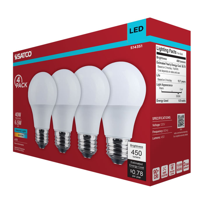 SATCO/NUVO 6.5W LED A19 Medium E26 Base 5000K 450Lm Plastic 90 CRI 120V 4-Pack (S14351)