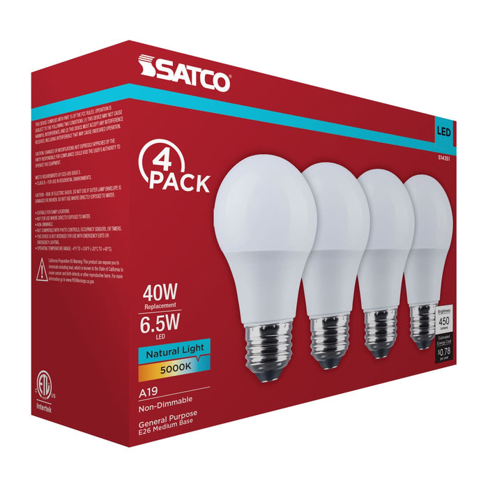 SATCO/NUVO 6.5W LED A19 Medium E26 Base 5000K 450Lm Plastic 90 CRI 120V 4-Pack (S14351)