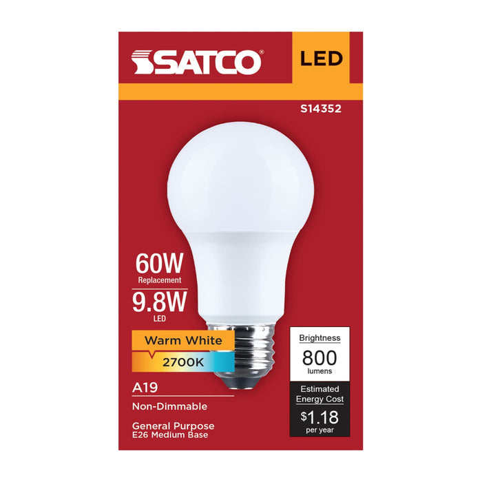 SATCO/NUVO 9.8W LED A19 Medium E26 Base 2700K 800Lm Plastic 90 CRI 120V 1-Pack (S14352)