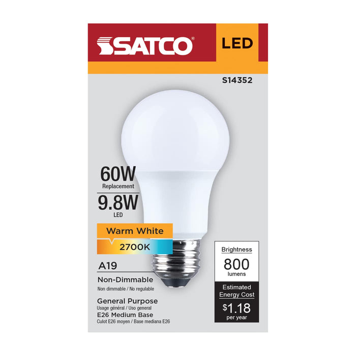 SATCO/NUVO 9.8W LED A19 Medium E26 Base 2700K 800Lm Plastic 90 CRI 120V 1-Pack (S14352)