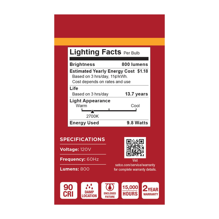 SATCO/NUVO 9.8W LED A19 Medium E26 Base 2700K 800Lm Plastic 90 CRI 120V 1-Pack (S14352)