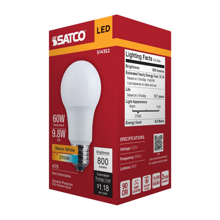 SATCO/NUVO 9.8W LED A19 Medium E26 Base 2700K 800Lm Plastic 90 CRI 120V 1-Pack (S14352)