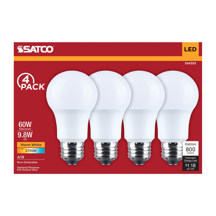 SATCO/NUVO 9.8W LED A19 Medium E26 Base 2700K 800Lm Plastic 90 CRI 120V 4-Pack (S14353)
