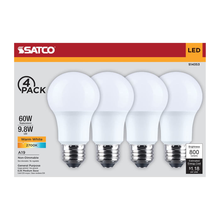 SATCO/NUVO 9.8W LED A19 Medium E26 Base 2700K 800Lm Plastic 90 CRI 120V 4-Pack (S14353)