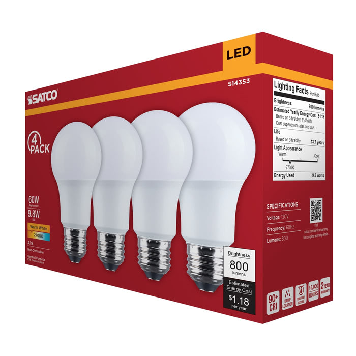 SATCO/NUVO 9.8W LED A19 Medium E26 Base 2700K 800Lm Plastic 90 CRI 120V 4-Pack (S14353)