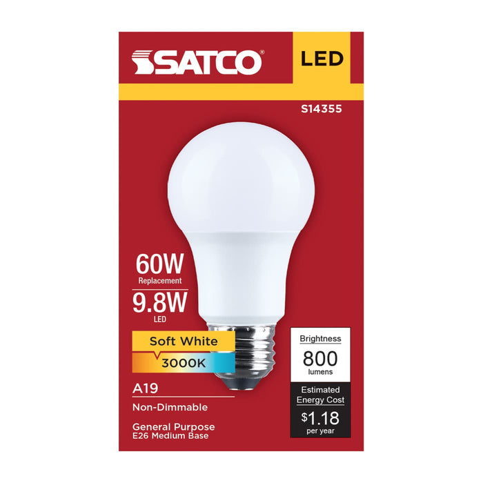 SATCO/NUVO 9.8W LED A19 Medium E26 Base 3000K 800Lm Plastic 90 CRI 120V 1-Pack (S14355)