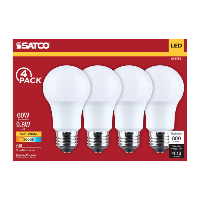 SATCO/NUVO 9.8W LED A19 Medium E26 Base 3000K 800Lm Plastic 90 CRI 120V 4-Pack (S14356)
