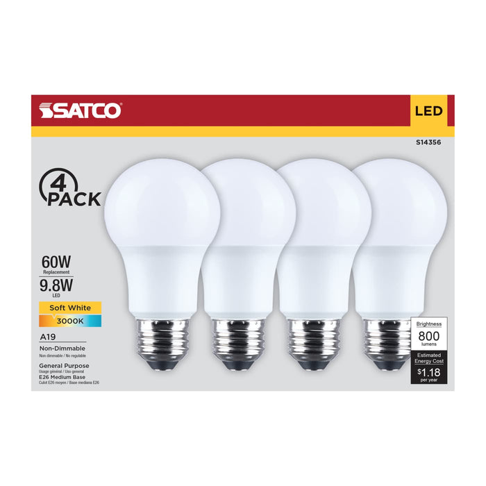 SATCO/NUVO 9.8W LED A19 Medium E26 Base 3000K 800Lm Plastic 90 CRI 120V 4-Pack (S14356)