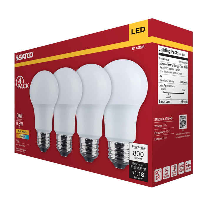 SATCO/NUVO 9.8W LED A19 Medium E26 Base 3000K 800Lm Plastic 90 CRI 120V 4-Pack (S14356)