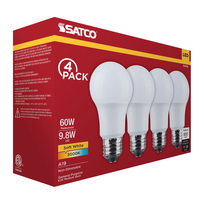 SATCO/NUVO 9.8W LED A19 Medium E26 Base 3000K 800Lm Plastic 90 CRI 120V 4-Pack (S14356)