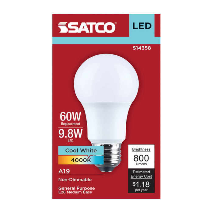SATCO/NUVO 9.8W LED A19 Medium E26 Base 4000K 800Lm Plastic 90 CRI 120V 1-Pack (S14358)
